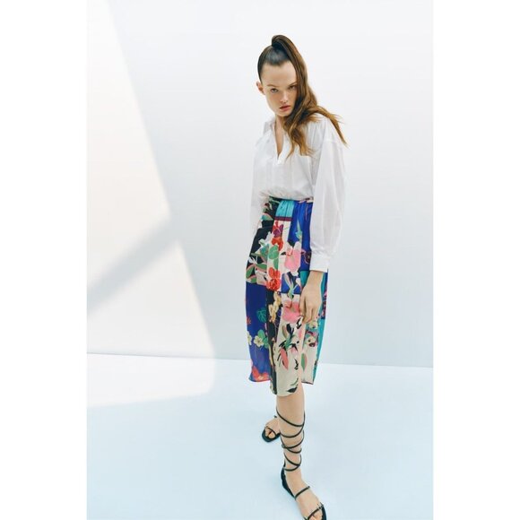 ZARA Floral Patchwork Print Satin Twill Knotted Maxi Pareo Sarong Skirt, Size S - Picture 14 of 16